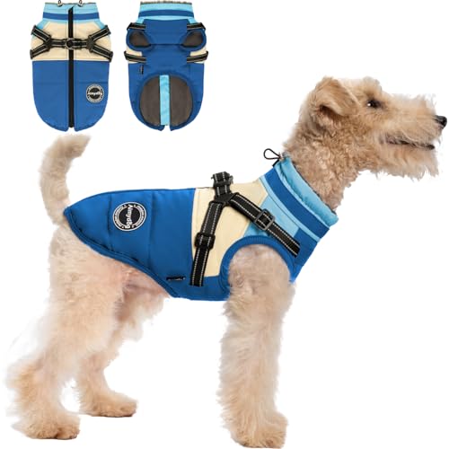 AIMYDOG Hunde-Wintermantel, wasserdichte Hundejacke, warmer Hundemantel, winddicht, Rollkragen, Fleece-Weste mit integriertem Geschirr, reflektierend, für kleine, mittelgroße und große Hunde, Blau, von Aimydog