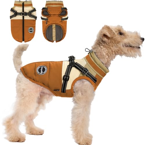 AIMYDOG Hunde-Wintermantel, wasserdichte Hundejacke, warmer Hundemantel, winddicht, Rollkragen, Fleece-Weste mit integriertem Geschirr, reflektierend, für kleine, mittelgroße und große Hunde, Orange von Aimydog