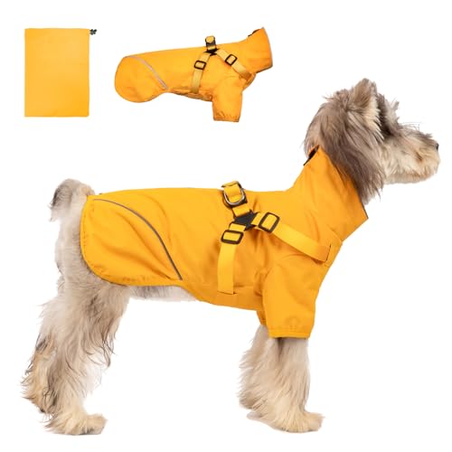 Hunde-Regenmantel für kleine und mittelgroße Hunde, wasserdichte Hunderegenjacke mit integriertem Geschirr für nasses Wetter, leicht zu tragen, reflektierend, Gelb, Größe XL von Aimydog