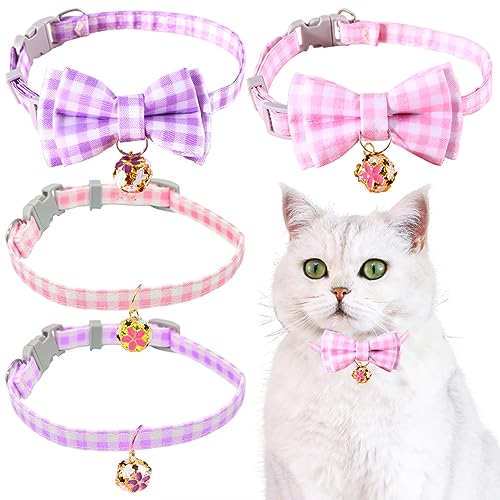 Ainvhh Katzenhalsband, Sommer-Katzenhalsband mit abnehmbarer Fliege, niedliches Blumen-Karo, Kätzchen-Halsbänder mit Glocke, Schnellverschluss, sichere Schnalle, verstellbare Katze, Kätzchen-Halsband von Ainvhh