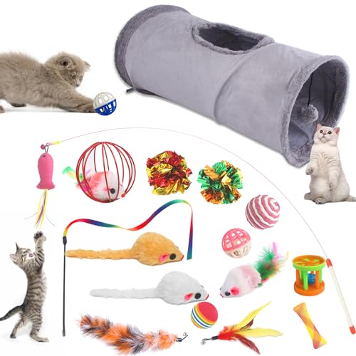 Faltbar Katzentunnel Katzenspielzeug mit Ball Spieltunnel Knisternder Rascheltunnel Aus Wildleder für Alle Katzen Kaninchen Welpen und Kleine Tiere, Mit Hängendem Lustiger Katzenstock (17 Set-Grau) von Aipwerer