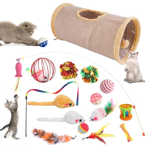 Aipwerer 17 Stücke Katzenspielzeug Set,Katzentunnel,Interaktives Katzen Spielzeug,Faltbarer Katzen Tunnel,Cat Toys Zubehör Spielzeugmäuse Spielzeug Variety Pack für Kitty (Khaki 01) von Aipwerer