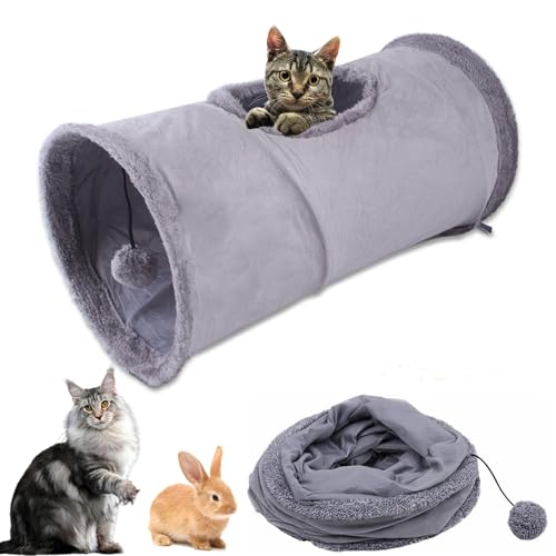 Faltbar Katzentunnel Katzenspielzeug mit Ball Spieltunnel Knisternder Rascheltunnel Aus Wildleder für Alle Katzen Kaninchen Welpen und Kleine Tiere, Mit Hängendem Lustiger Katzenstock (Grau-30*68cm) von Aipwerer