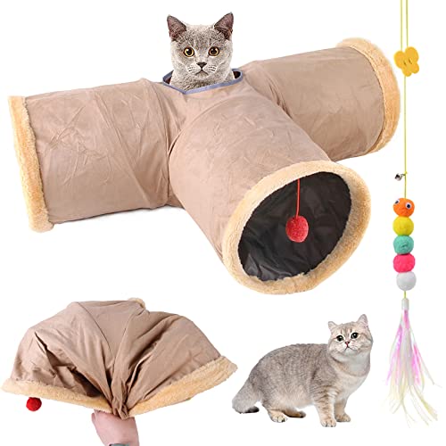 Faltbar Katzentunnel Katzenspielzeug mit Ball Spieltunnel Knisternder Rascheltunnel Aus Wildleder für Alle Katzen Kaninchen Welpen und Kleine Tiere, Mit Hängendem Lustiger Katzenstock (T- Khaki 01) von Aipwerer