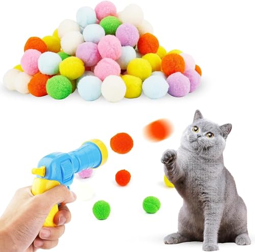 AirBnk Katzenspielzeug Ball, Katzenballpistole Interaktives Spielzeug, Interaktives Katzenspielzeug, Bunte Plüschbälle, Katzenball-Spielzeugwerfer Mit 3 cm Großem Katzenbommel (100 Bälle) von AirBnk