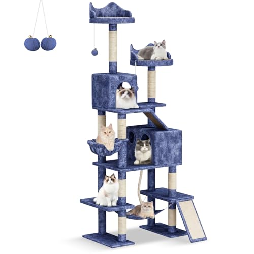 Airfish Kratzbaum für Katzen, mit Plattform, Turm, hoch, 209 cm, mehrstufiger Kratzbaum für 3-6 Katzen, Schloss, Spielzeuge, Haustiere, mit Bällen, Hängematte (hellblau) von Airfish