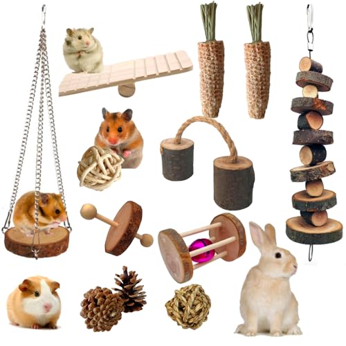 Aisamco Kleintier-Aktivitätsspielzeug, Kauspielzeug-Set, Backenzahnspielzeug, Zahnpflege, Apfelholz-Zubehör, Schaukelwippe, Brücke für Hamster, Meerschweinchen, Chinchillas, Kaninchen, Mäuse, Ratten von Aisamco