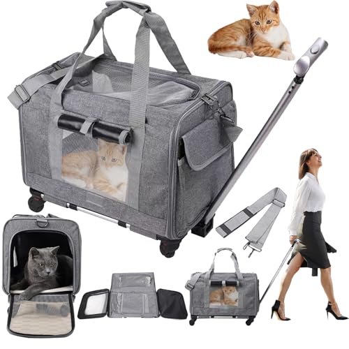 Katzentransportbox, 48 x 40 x 32cm Katzenbox Katzenkorb Transport Katzentransporttasche Hundebox Teleskopgriff Faltbare Transportbehälter Katzen für 1-2 Katzen Hundetragetasche bis 13.5kg mit Rollen von Aisny