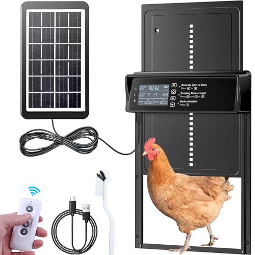 Hühnerklappe Solar,Aluminum Automatische Hühnerklappe,Hühnerklappe Hühnertür mit Wasserdicht Großes Display,Lichtsensor, Fernbedienung, Anti-Pinch, Timer für Sichere Hühnerhaltung von Aissom