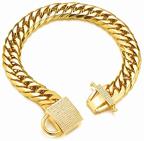 Aiyidi Gold Dog Chain Collar Strong Double Cuban Link Chain Collar with Zirconia Lock Luxury Dog Necklace,Stainless Steel 16MM Dog Collar for Medium Large Dogs - Bulldogs, Rottweilers, Beagles, etc. von Aiyidi