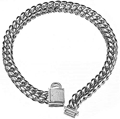 Aiyidi Haustier-Hundehalsband, Top-Edelstahl-Hundekette, Trainingshalsband, 14 mm, silberfarben, kubanische Panzerkette mit weißem Zirkonia-Verschluss, Hunde-Halskette, 14 mm, 35,6 cm von Aiyidi