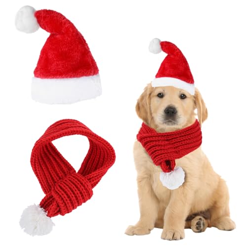 2 Stück Katzen Hunde Weihnachtskostüm Weihnachtsmütze Winter-Halswärmerschal für Hunde mit Schal,Katzenkostüm für Katzen Katzenkostüm für Kleine Hunde Katze-L von Aiyorse