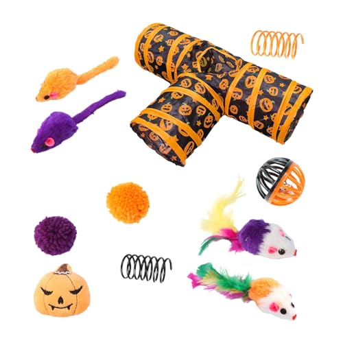 Aizuoni 3-Kanal-Katzenspielzeug-Set, Katzen-3-Tunnel-Spielzeug-Set - Halloween 3-Wege-Kanaltunnel | Zusammenklappbarer Katzentunnel, Federstab, Kugelfedermäuse für Kaninchen, Hauskatzen von Aizuoni