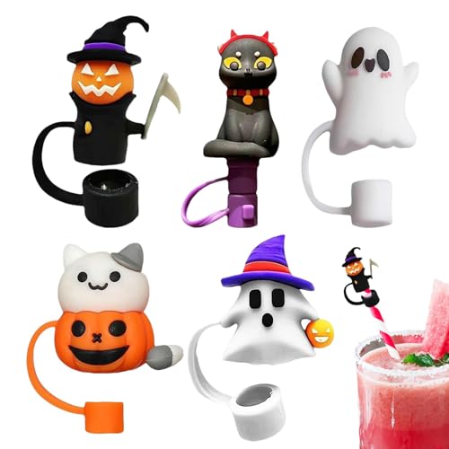 Aizuoni Halloween-Strohaufsätze,Halloween-Katzen-Strohabdeckung,5 Stück süße Strohhüllen | 10 mm Trinkhalmspitzen-Deckel, staubdicht, Halloween-Stil, Trinkhalm-Topper für Tumbler, Tassen, Zubehör von Aizuoni