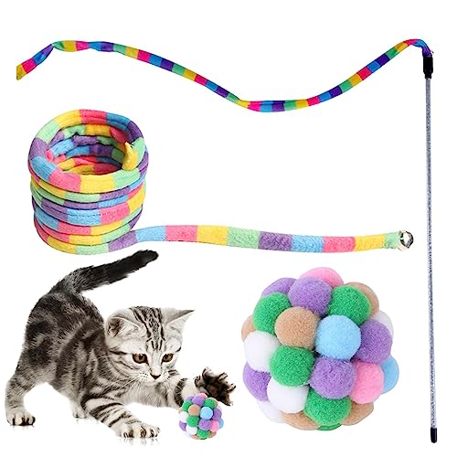Aizuoni Katzenbandspielzeug | Regenbogenband Charmer Kit Katzen Teaser Zauberstab | Stick-Katzenspielzeug mit Ball, sicherer Spaß, bunt, zum Spielen und Trainieren von Kätzchen von Aizuoni