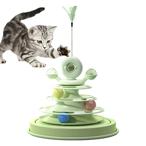 Aizuoni Kugelbahn Katzenspielzeug,360 ° drehbare Katzenspielzeug-Kugelbahn | 4-stufige Katzenroller-Kugelbahn mit Katzenminze und drehender Windmühle, Katzenfeder-Stick-Spielzeug für Kätzchen von Aizuoni