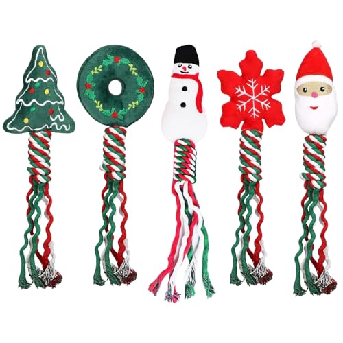 Ajuanbazha 5 Stück Weihnachten Hundespielzeug, Kauspielzeug für Kleine und Mittlere Hunde, Weihnachten Baumwollseil Hunde Kauspielzeug, Dog Toys Geeignet Als Quietschendes Geschenke von Ajuanbazha