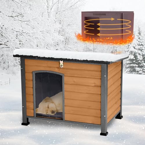 Akinerri Feral Dog House Outdoor, Anti Biss Eisenrahmen Hundehütte, Holz Warme Haustiere Zuhause, Isolierte wetterfeste Außenunterkunft für Wildtier (33.5"(L)×22"(W)×25.2"(H)-Brown-in) von Akinerri