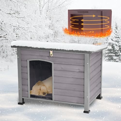 Akinerri Feral Dog House Outdoor,Anti Bite Iron Frame Dog Kennel,Wood Warm Pets Home,Insulated Weatherproof Outside Shelter for Feral Animal (33.5"(L)×22"(W)×25.2"(H)-Grey-in) von Akinerri