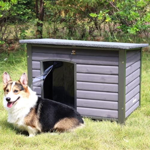 Akinerri Indoor Outdoor Dog House, Anti-Kau Eisen Rahmen Hunde Kennel, Holz Warme Haustiere zu Hause, Wetterdichte Außen Schutz für Wildtiere 33,5 "(L) X 22 "(W) X 25,2 "(H) Grau von Akinerri