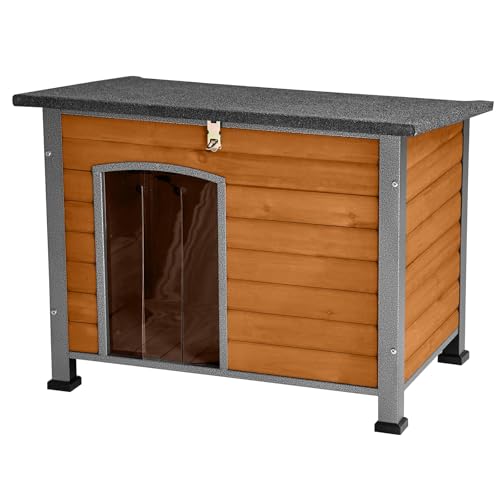 Akinerri Indoor Outdoor Hundehaus, Anti-Kaueiserner Rahmen Hundezwinger, Holz Warme Haustiere Zuhause, Wetterfeste Außenunterkunft für Wildtiere 33.5" (L) X 22" (W) X 25.2" (H) Braun von Akinerri