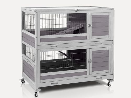 Akinerri zweistöckiger Meerschweinchenkäfig mit Rädern Kaninchenhütte Indoor Outdoor mit 6-Zugangstüren, 2-Ausziehschalen, abnehmbarem Maschendraht und UV-beständiger Platte (grau) von Akinerri