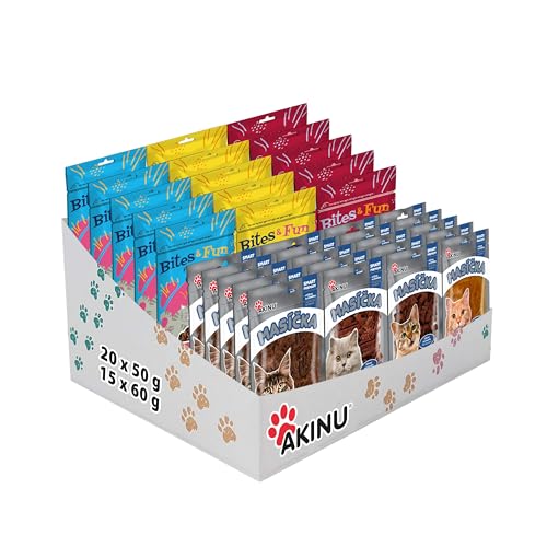 Akinu MULTIBOX FLEISCH für Katzen (Entenstreifen, Hühnerstücke, Kaninchenstreifen, Lammstücke) 35er Pack - 20x50 g, 15x60 g – Natürliche, leicht verdauliche Leckerli, reich an Vitaminen und Mineralien von Akinu