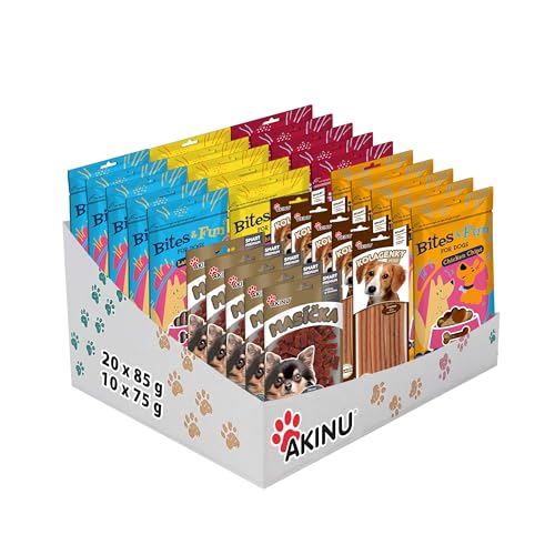 Akinu MULTIBOX Fleisch für Hunde (Lamm, Ente, Huhn, Kaninchen, Kollagen) – 30er Pack - 20x85 g, 10x75 g, Premium Leckerbissen für Hunde mit Kollagen – Natürliche, nährstoffreiche Snacks für Ernährung von Akinu