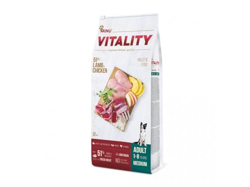 Akinu Vitality Hund Futter Adult medium Lamm & Huhn 12kg - Proteinreiches Trockenfutter für Mittelgroße Hunde, Glutenfrei, Getreidefrei, Leicht Verdaulich, Premium Qualität von Akinu