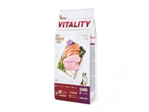 Akinu Vitality Hundefutter - für Senior-Hunde mittelgroßer und großer Rassen | Huhn & Fisch | Trockenfutter | 12 kg von Akinu