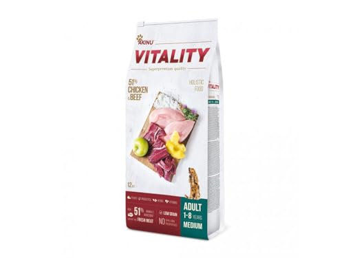 Akinu Vitality Hund Futter adult medium Huhn & Rindfleisch 12kg - Proteinreiches Trockenfutter für Mittelgroße Hunde, Glutenfrei, Getreidefrei, Leicht Verdaulich, Premium Qualität von Akinu