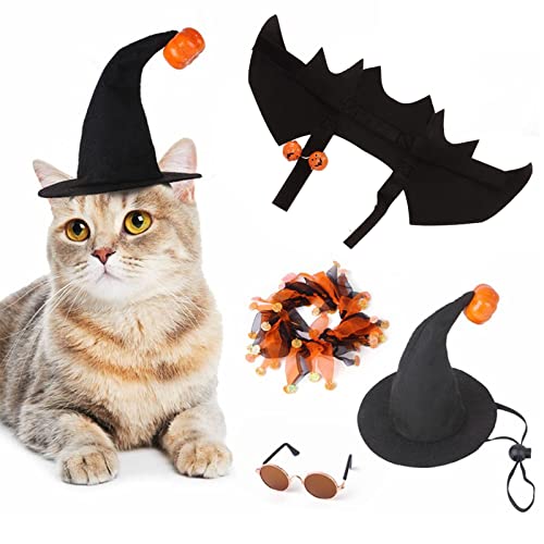 Aladeno 4 Stück Katzen-Halloween-Kostüme, Fledermausflügel, Kürbisglocke für Thanksgiving, Halloween-Party, Dekoration, Welpenhalsband, Leinen, Cosplay, Fledermaus-Kostüm, von Aladeno