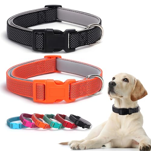 Alainzeo Reflektierende Hundehalsbänder, klassisch, verstellbar, weiches Neopren, gepolstert, atmungsaktiv, Nylon, Haustierhalsband für kleine, mittelgroße und große Hunde (Schwarz/Orange, XS), 2 von Alainzeo