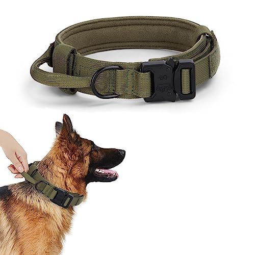 Taktisches Hundehalsband, Militärisches Training Verstellbares Nylon-Hundehalsband mit Kontrollgriff und Schnellverschluss-Schwermetallschnalle für mittelgroße und große Hunde (Grün, XL) von Alainzeo