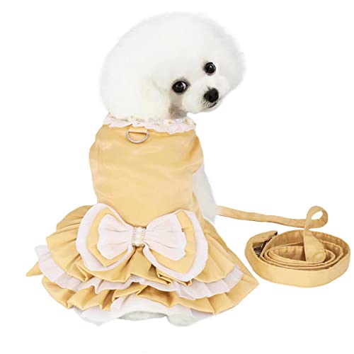 Hundekleid Geschirr Weste mit passender Leine, Goldene Schleifenknoten Welpenkleider mit D-Ring, Niedliches Welpengeschirr Leine Set, Prinzessin Mehrschichtiger Faltenrock Haustierkleid für kleine Hunde Welpen Katze (X-Large) von Albrost