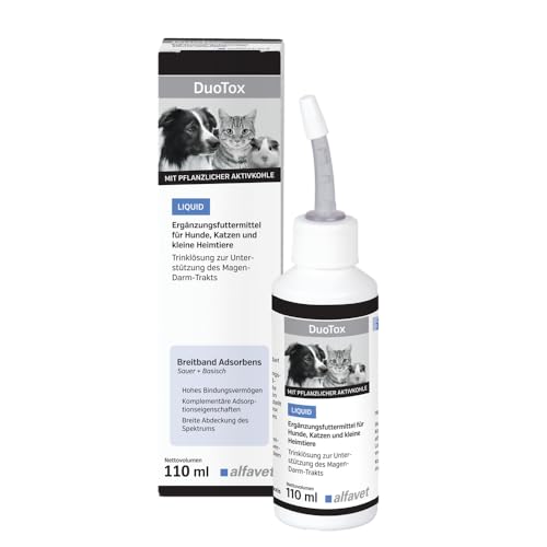 alfavet DuoTox Liquid mit pflanzlicher Kohle und Bentonit, gegen Erbrechen bei Hunden, Katzen, kleinen Heimtieren, Flasche mit Applikationsaufsatz 110 ml von Alfavet