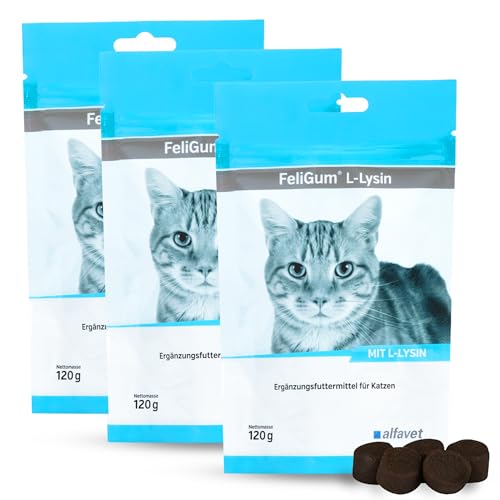 Alfavet FeliGum L-Lysin, 3er-Pack, bei Katzenschnupfen, Ergänzungsfuttermittel für Katzen, 3 x 120 g Beutel, 3 x ca 60 Kaudrops von Alfavet