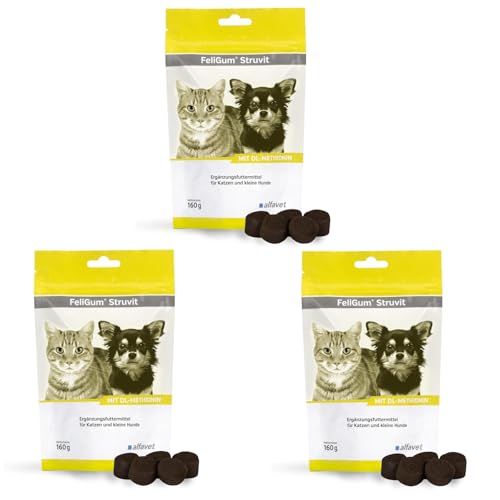 Alfavet FeliGum Struvit | 3er Pack | 3 x 160 g | Ergänzungsfuttermittel für Katzen und kleine Hunde | Zur Erhaltung eines gesunden pH-Wertes im Harn | Enthält DL-Methionin von Alfavet