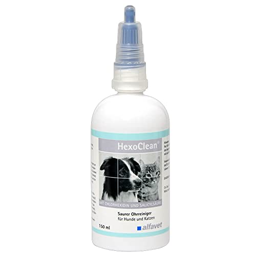 Alfavet HexoClean saurer Ohrreiniger für Hund und Katze mit ohrfreundlichem Weichgummiapplikator, Chlorhexidin und Salicylsäure, 150ml Plastikflasche von Alfavet