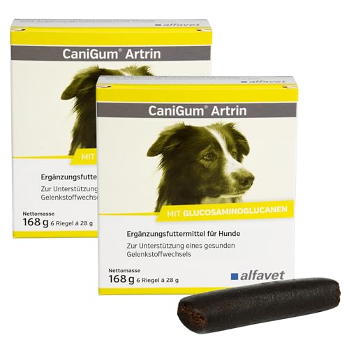 alfavet CaniGum Artrin, Doppelpack, Ergänzungsfutter für Hunde unterstützt Gelenke, Gelenkstoffwechsel, bei Osteoarthritis, Kauriegel 2 x 168g, portionierbar von Alfavet