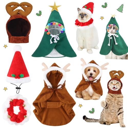 Aliceset 4 Stücke Katze Weihnachten Outfit mit Kragen Weihnachten Haustier Kostüm Einstellbare Weihnachten Katze Kostüme Elch Rentier Weihnachtsmütze Katzenbekleidung Niedlich Katze Umhang für von Aliceset