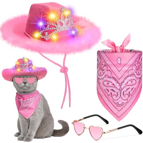 Aliceset Cowboy-Kostüm für Haustiere, 3-teiliges Set für Hunde, Cowboyhut, Paisleymütze, Halstuch, Halsband und Sonnenbrille, LED-beleuchtet, für kleine Katzen, Hunde, Cowgirl-Kostüm (Rosa, Krone) von Aliceset