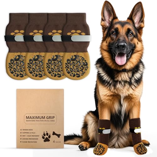 Alishomtll 2 Paar Doppelseitige Anti-Rutsch Hundesocken, Weiche Pfotenschutz Hunde mit Verstellbaren Riemen Klettverschluss, Hundeschuhe Socken für Innenbereich auf Hartholzböden (Braun, XL) von Alishomtll