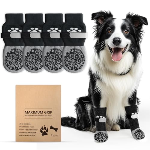 Alishomtll 2 Paar Doppelseitige Anti-Rutsch Hundesocken, Weiche Pfotenschutz Hunde mit Verstellbaren Riemen Klettverschluss, Hundeschuhe Socken für Innenbereich auf Hartholzböden (Schwarz, XL) von Alishomtll