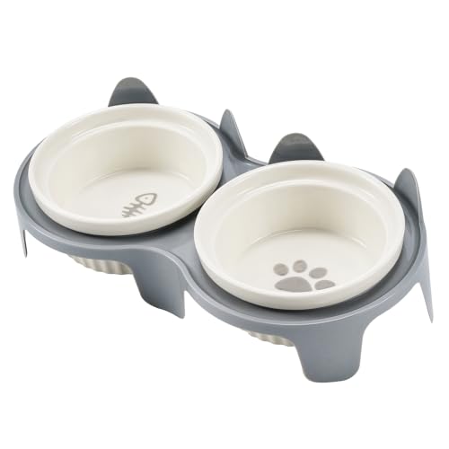 Keramik Katzennäpfe Set mit Ständer, 2-teiliges Set, Katzenform Tierfutterbehälter Schüssel (Grau) von All-Pie