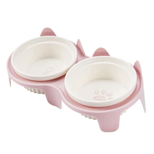 Keramik Katzennäpfe Set mit Ständer, 2-teiliges Set, Katzenform Tierfutterbehälter Schüssel (Rosa) von All-Pie