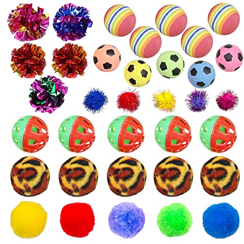 Allazone 35-teiliges Katzenspielzeug-Bälle-Set, 7 Stil-Pompons, Kätzchenspielzeug, Papierbälle, Fadenball, Schaumstoffbälle für Katzen, interaktives Katzenspielzeug für Katzen zum Spielen, Training von Allazone