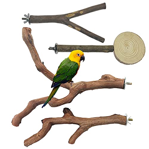 Allazone 4 Stück Naturholz-Vogelstangenständer, Vogel-Papageienstange, Ständer-Set, Holz-Papageienstange, Sitzstange, Plattformkäfig, Zubehör für Papageien, Nymphensittiche, Wellensittiche, Sittiche von Allazone