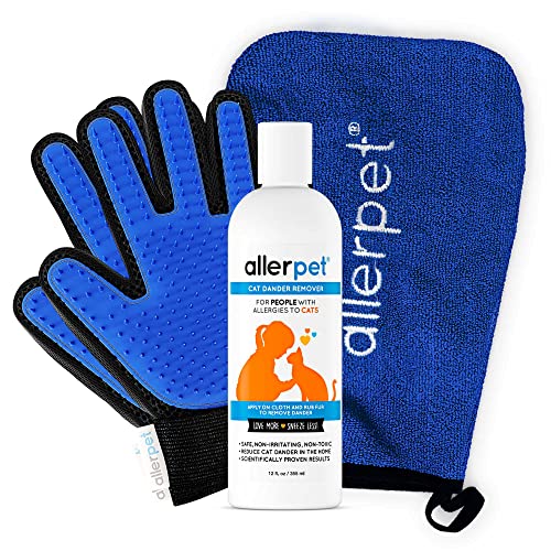 Allerpet Katzenschuppenentferner mit gratis Paar Fellpflegehandschuhen und Handschuppen, effektive Reduzierung von Katzenschuppen, Anti-Allergen-Lösung, hergestellt in den USA, 340 ml von Allerpet