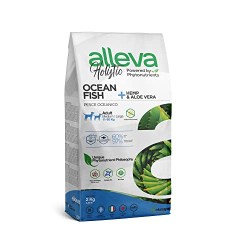 ALLEVA - Alleva Holistic Trockenfutter mit Fisch + Hanfsamen & Aloe Vera - Hundefutter - Medium/Maxi - Fein zubereitetes Trockenfutter ohne Getreide - Trockenfutter 2 kg-Beutel von Alleva